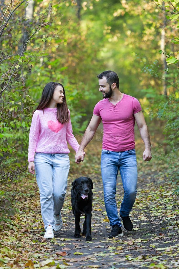 A young beautiful couple and their labrador walk in the Park. A man holding a woman`s hand. Warm autumn evening in the forest