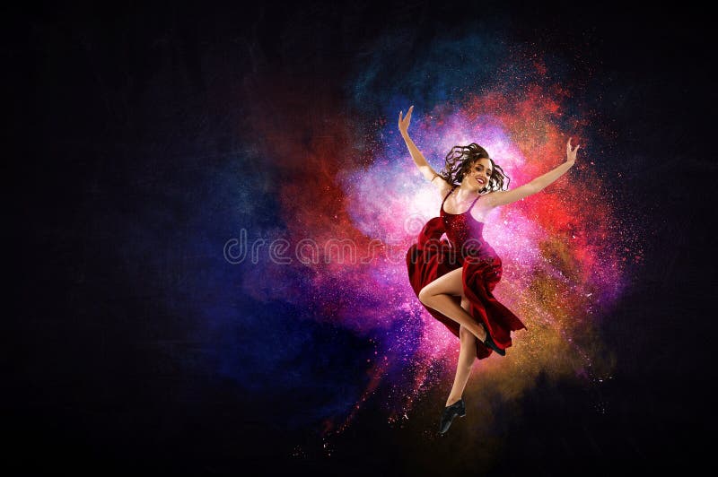 Young and Beautiful Female Dancer in a Red Dress. Mixed Media Stock ...