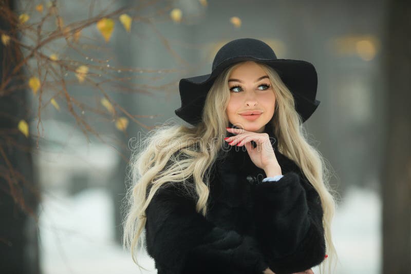 Young Beautiful Girl in a Black Fur Coat Stock Image - Image of clothes ...