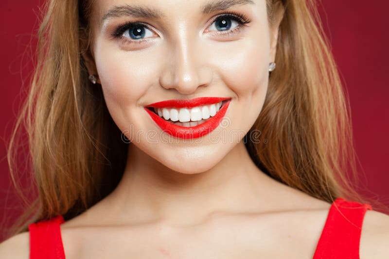 Young Beautiful Girl With Cute Smile Closeup Smiling Woman With Red Lips Makeup Portrait Stock 