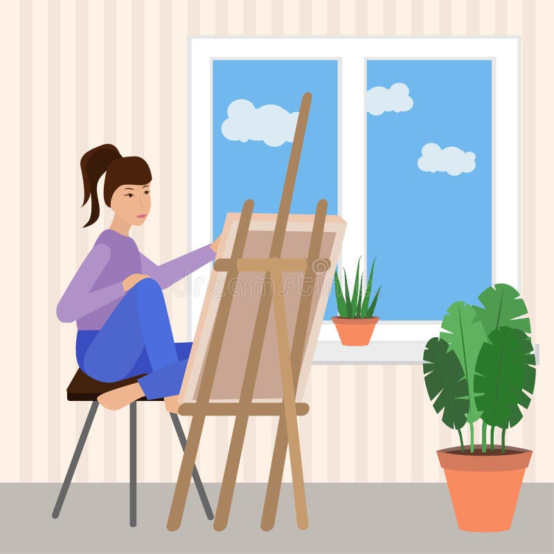 Doll artist with easel in workshop coloring page Vector Image