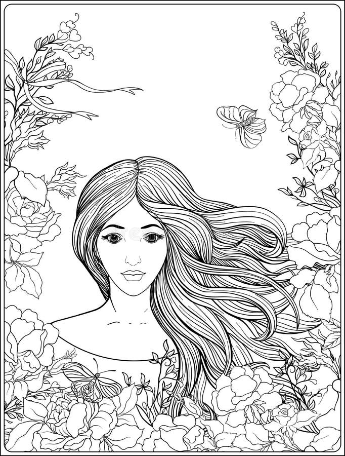 Young beautiful girl with long hair in rich decorated floral pat