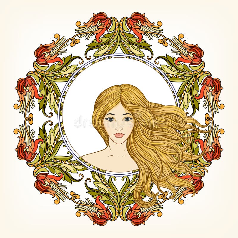 Young beautiful girl with long hair in rich decorated floral pat