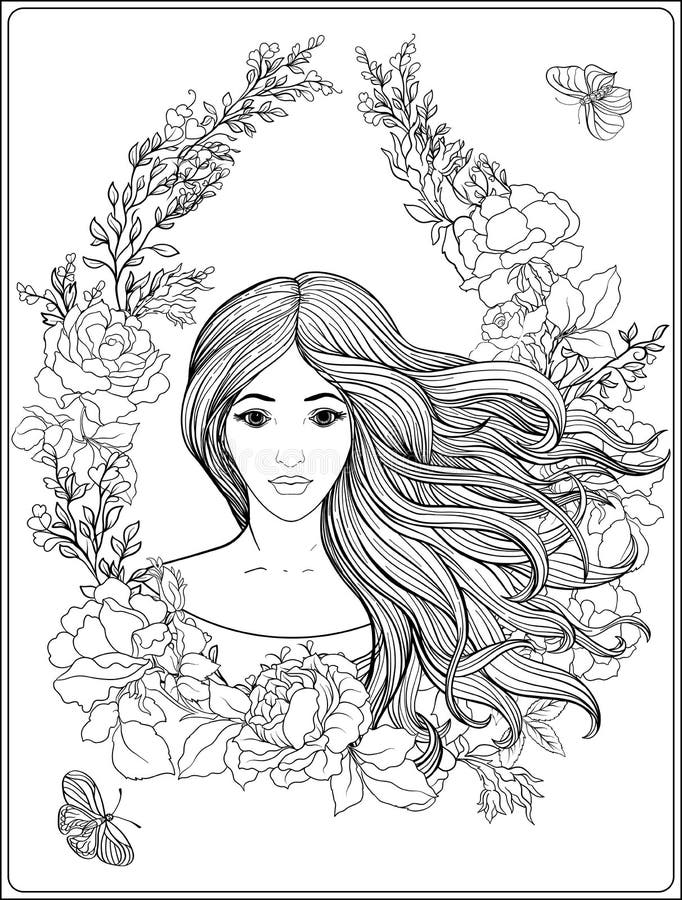 Young beautiful girl with long hair in rich decorated floral pat