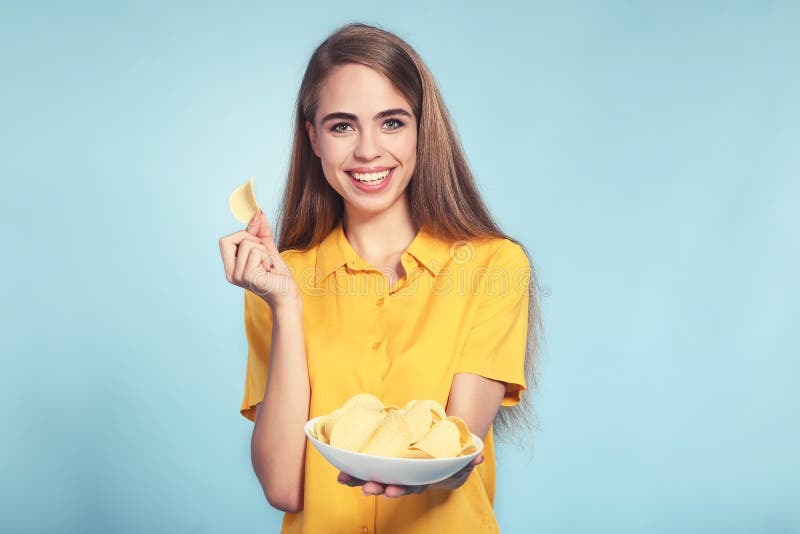Beautiful Girl with Potato Chips Stock Photo Image of chip