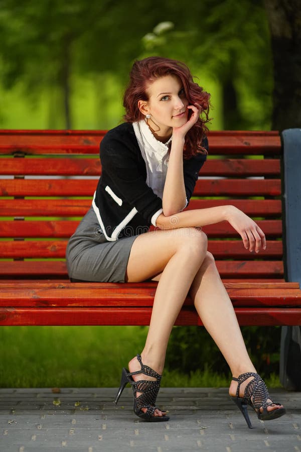 Young Beautiful Girl Sitting On Bench In Park Stock Image Image Of 
