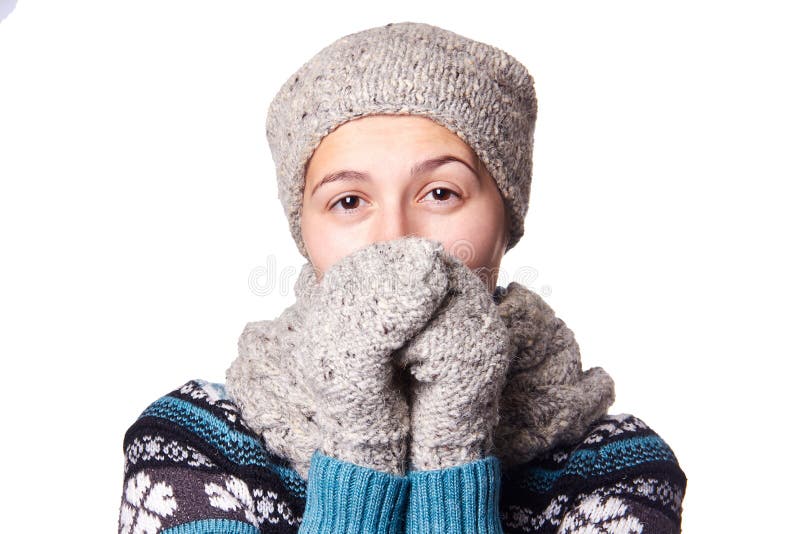 Young beautiful girl winter portrait on white background,copyspace