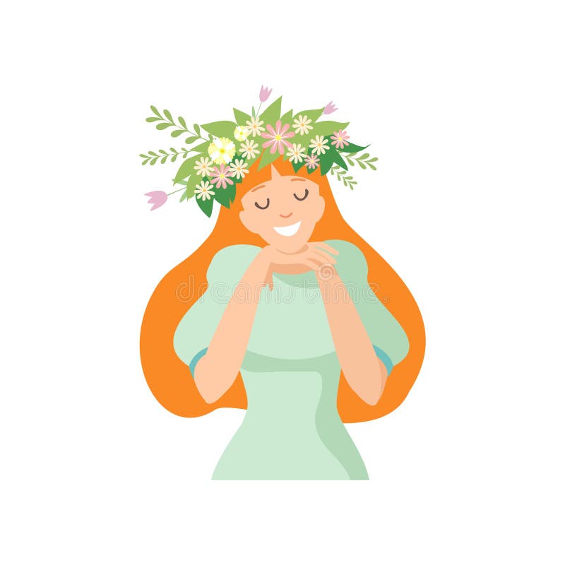 Young Beautiful Long Haired Woman with Flower Wreath in Her Hair, Portrait of Elegant Smiling Girl with Floral Wreath royalty free illustration Young Beautiful Long Haired Woman with Flower Wreath in Her Hair, Portrait of Elegant Smiling Girl with Floral Wreath royalty free illustration
