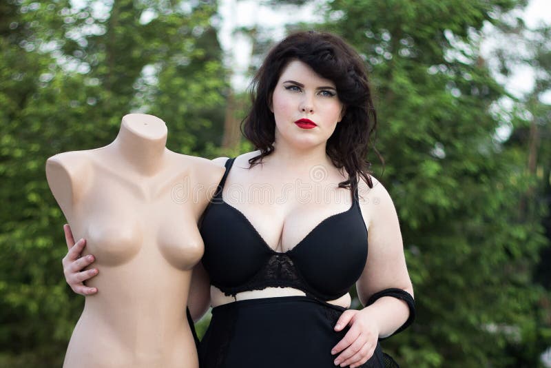 Young Beautiful Plus Size Model Big Breast Black Bra Stock Photos