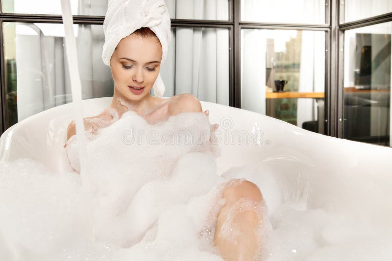 Young Beautiful Red Haired Woman Takes Bubble Bath Stock Image Image Of Clean Instagram 79146825 