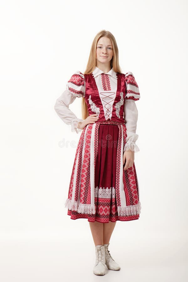 Young Beautiful Redhead Woman Dancer in Traditional Folk Costume Posing ...