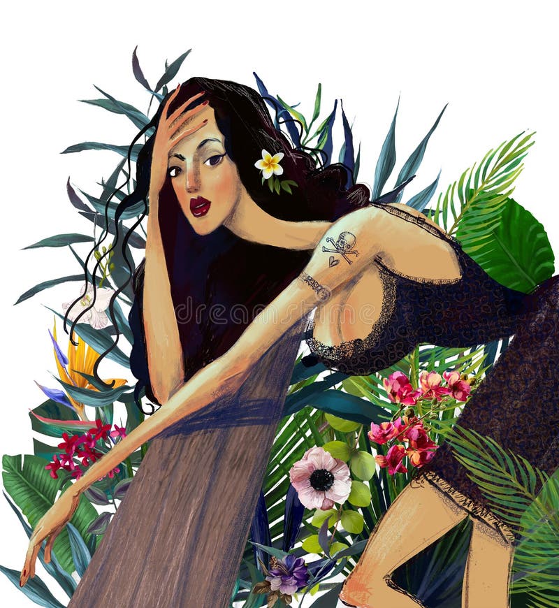 Young beautiful summer woman with tropical flowers