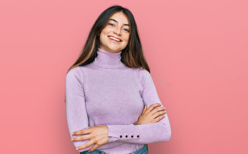 Young Beautiful Teen Girl Wearing Turtleneck Sweater Happy Face Smiling ...