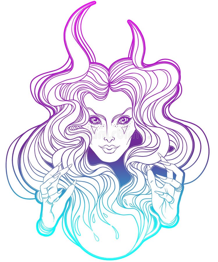 Young beautiful witch. Mystic character. Alchemy, religion, spirituality, occultism, tattoo art. Isolated vector illustration. Ha