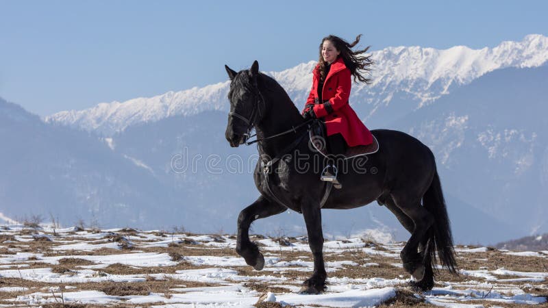 Young beautiful woman on black horse in riding in Transylvania mountains royalty free stock images Young beautiful woman on black horse in riding in Transylvania mountains royalty free stock images