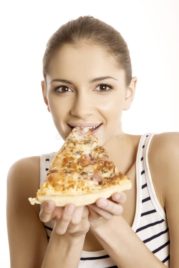 Young beautiful woman eat pizza