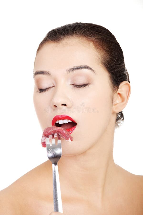 Young Beautiful Woman Eating Raw Meat Stock Photo Image of eating