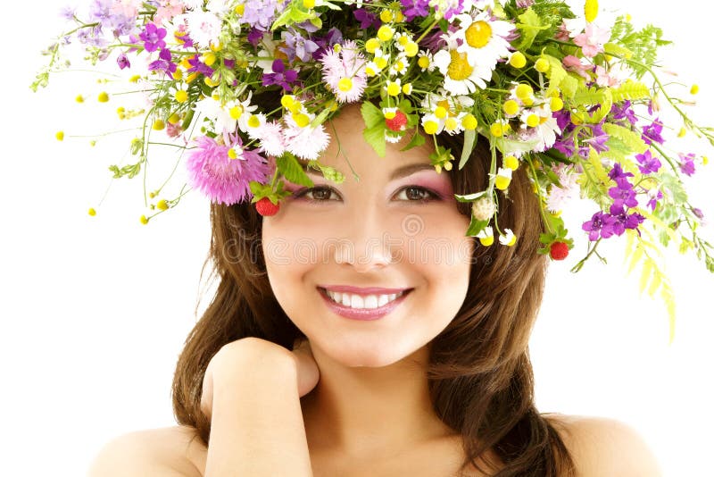 Young Beautiful Woman With Garland Of Field Fresh Natural Wild F Stock