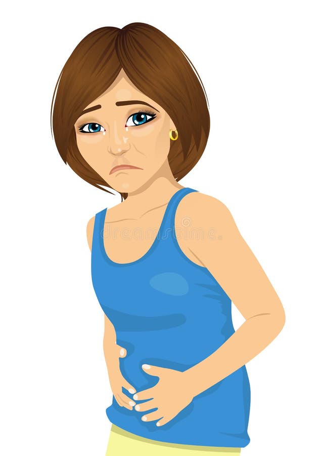 Young beautiful woman having abdominal pain on white stock illustration