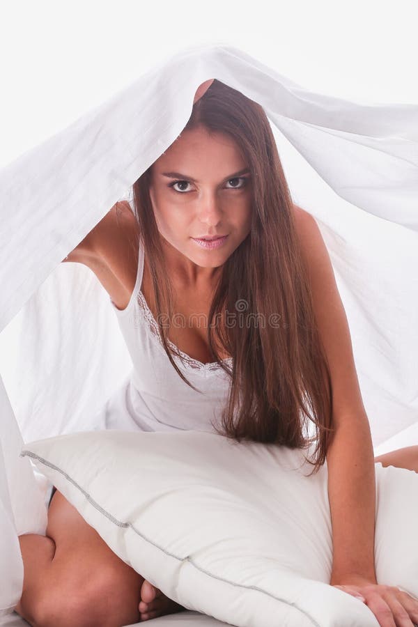 Young Beautiful Woman Lying in Bed Under Cover Stock Image Image of