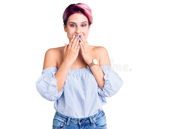 Young Beautiful Woman With Pink Hair Wearing Casual Clothes Laughing