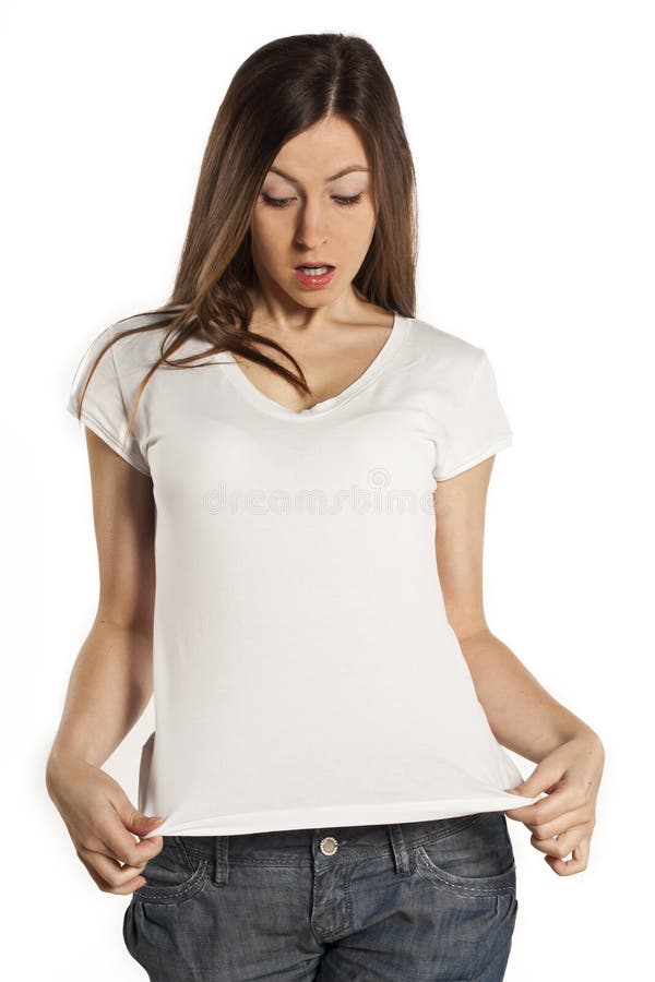 Young Beautiful Woman Posing with Blank White Shirts. Ready for Your ...