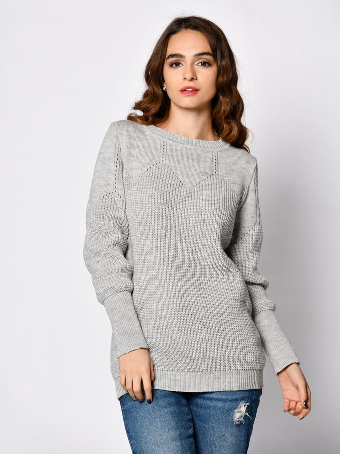 Young Beautiful Woman Posing in New Casual Grey Blouse Sweater Stock ...