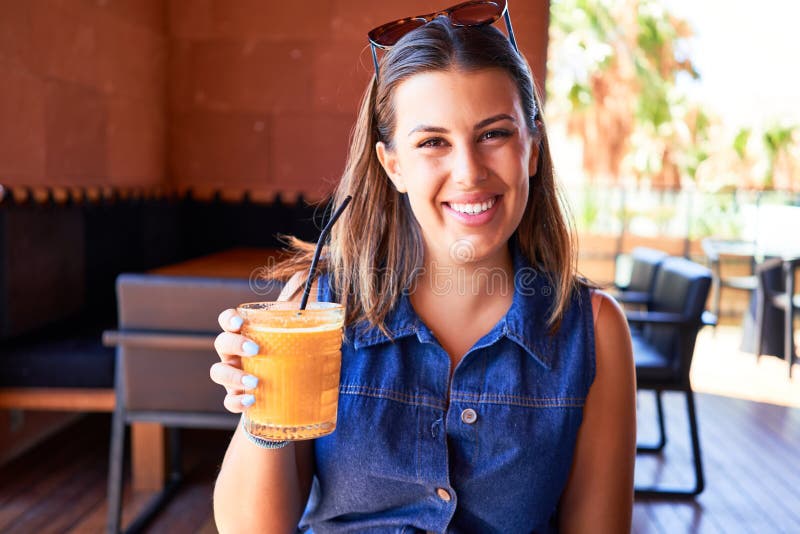 Young Beautiful Woman Sitting at Restaurant Enjoying Summer Vacation ...