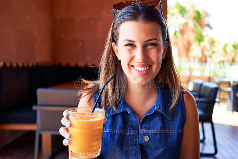 Young Beautiful Woman Sitting at Restaurant Enjoying Summer Vacation ...