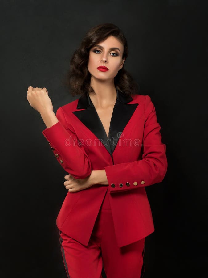 Young Beautiful Woman Wearing Red Suit Stock - Image of beautiful, luxury: 104953133