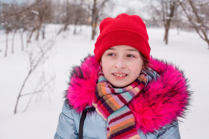 Young Beautiful Woman Winter Portrait. Red Hat. Hipster Lifestyle ...