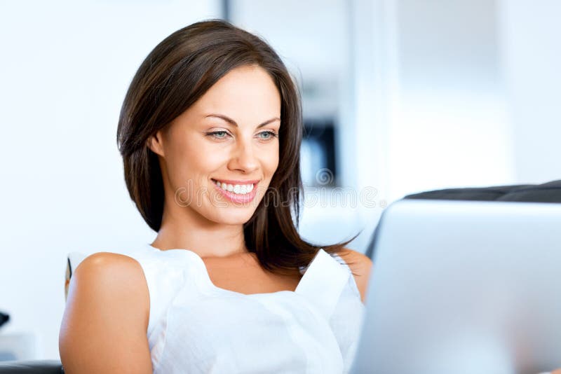 Young Beautiful Woman Working On Her Laptop Stock Image Image Of