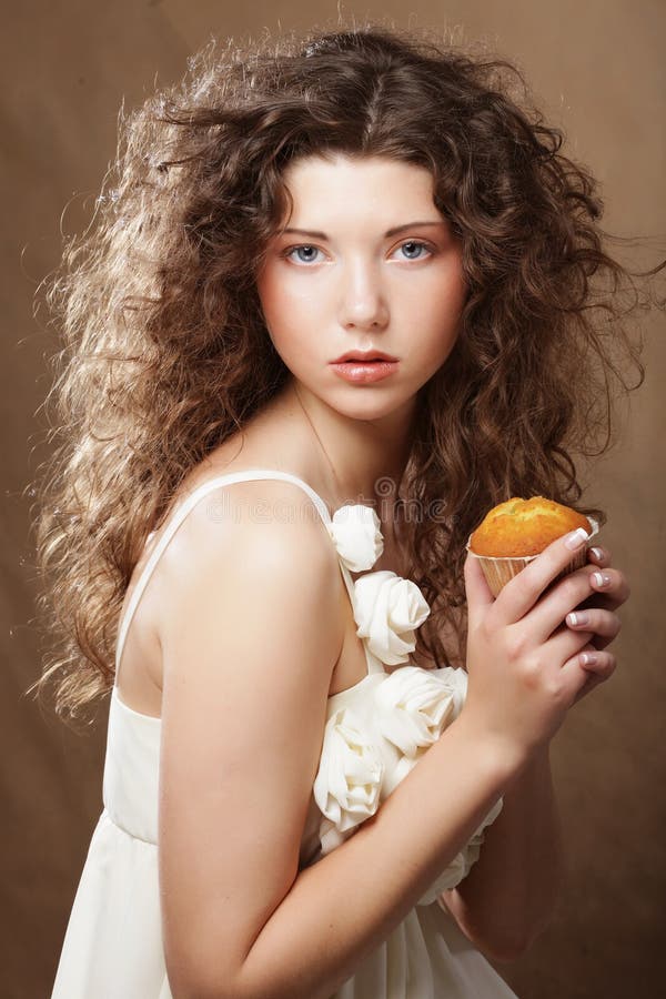 Young Beauty Girl with Cake Stock Image Image of hairstyle, brown 77134917
