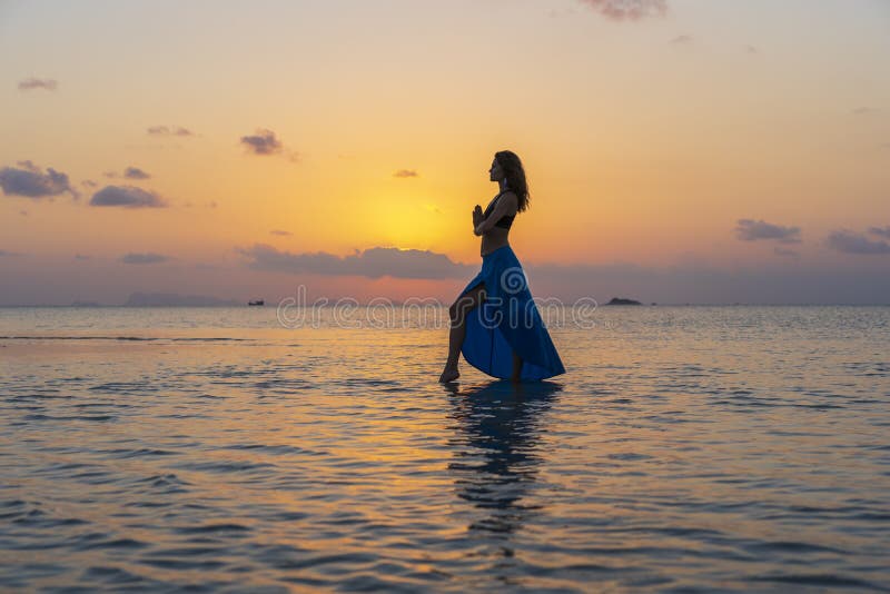Young Beauty Girl Dancing at Tropical Beach on Sea Water at Paradise ...