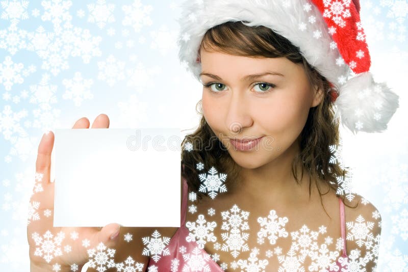 Young beauty woman in red hat with white blank