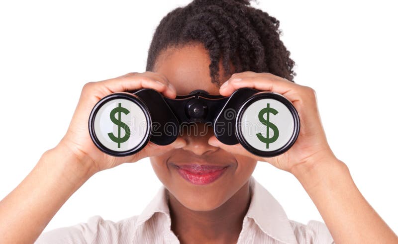 Young black / african american business woman using binoculars