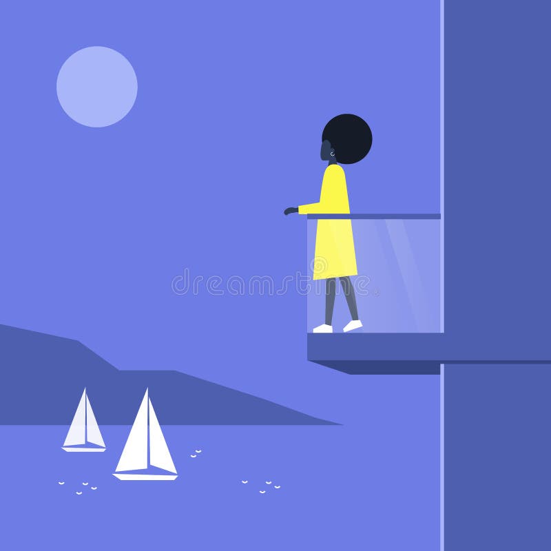 Young black character standing at the balcony and looking at the sea view, luxury apartment, real estate stock illustration Young black character standing at the balcony and looking at the sea view, luxury apartment, real estate stock illustration