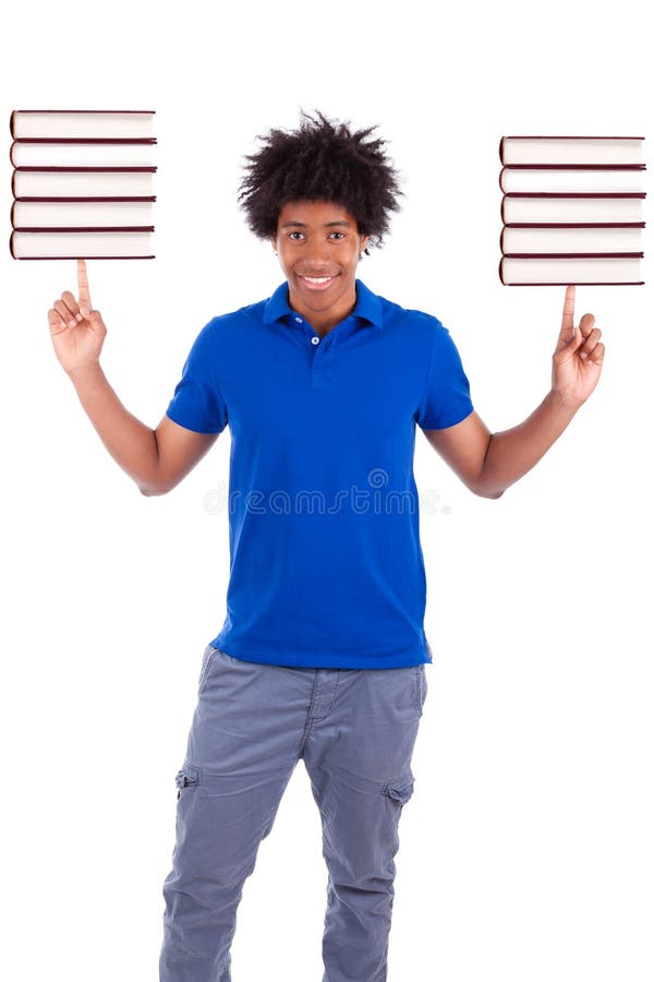 Young black teenage student men holding books - African people