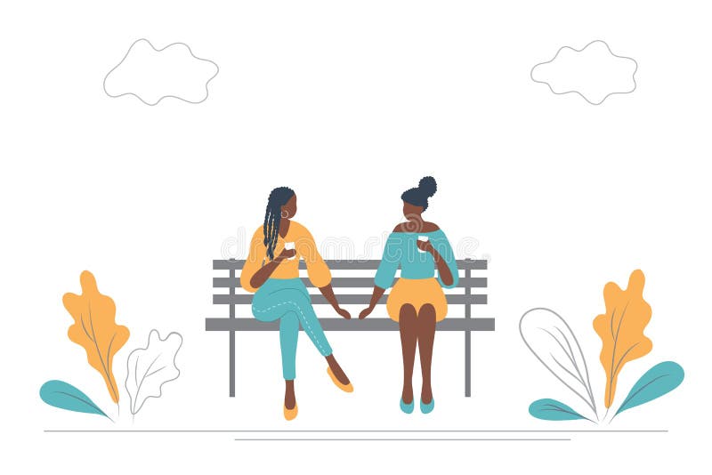 Young black women drink coffee on a bench in a park