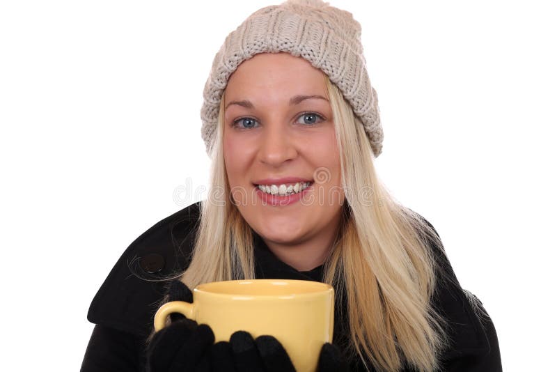 Young Blond Woman Drinking Cup of Tea in Winter Stock Photo - Image of ...