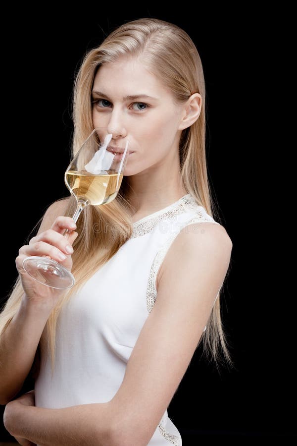 Young Blond Woman Holding Glass of White Wine Stock Image Image of
