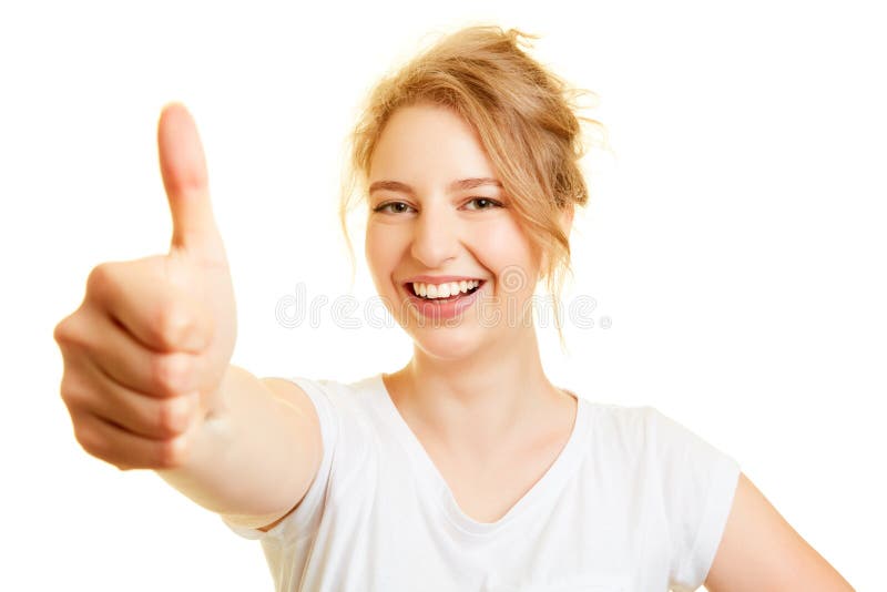 Young Blond Woman Holds Her Thumb Up Stock Image - Image of ...