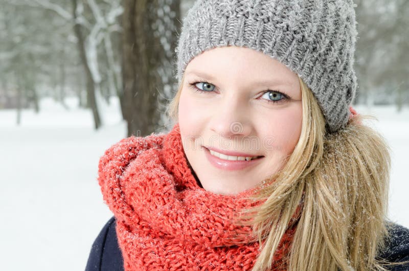 Young Blond Woman with Beanie and Scarf Winter Wood Portrait Stock ...