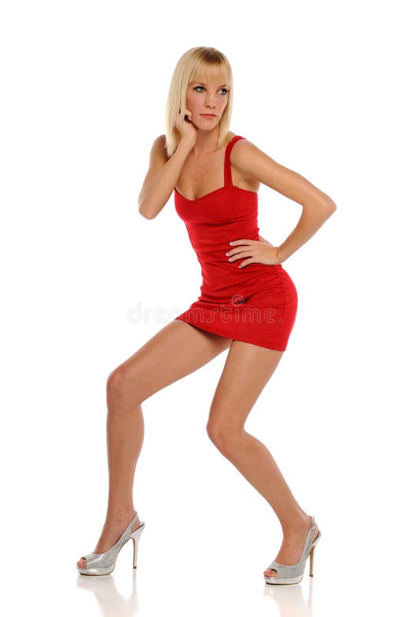 Young Blond Woman wearing a red dress