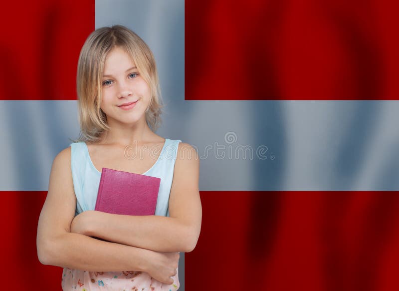 Young Blonde Danish Girl with Book Against Danish Flag Background.  Education and School in Denmark Concept Stock Image - Image of creative,  funny: 252079527