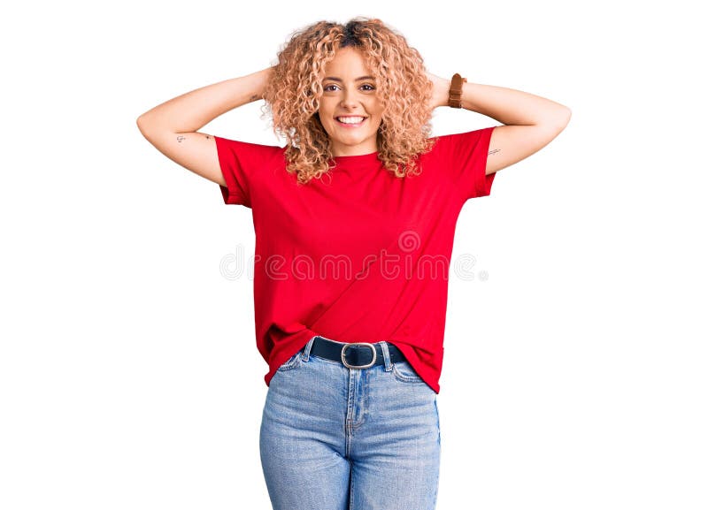 Young Blonde Woman With Curly Hair Wearing Casual Red Tshirt Relaxing And Stretching Arms And 