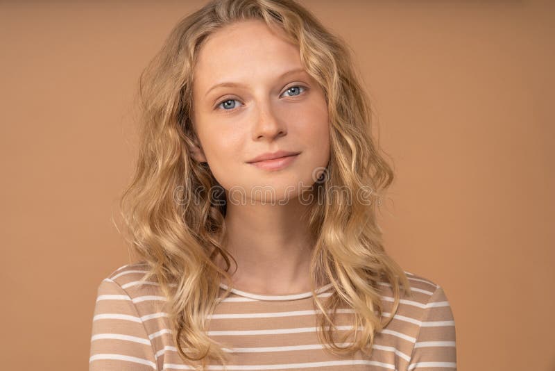 Young Blonde Woman Natural Curly Hair and Fresh Skin, Looking at Has No Makeup, Wear T-shirt, Isolated on Image - Image of makeup, caucasian: 200110707