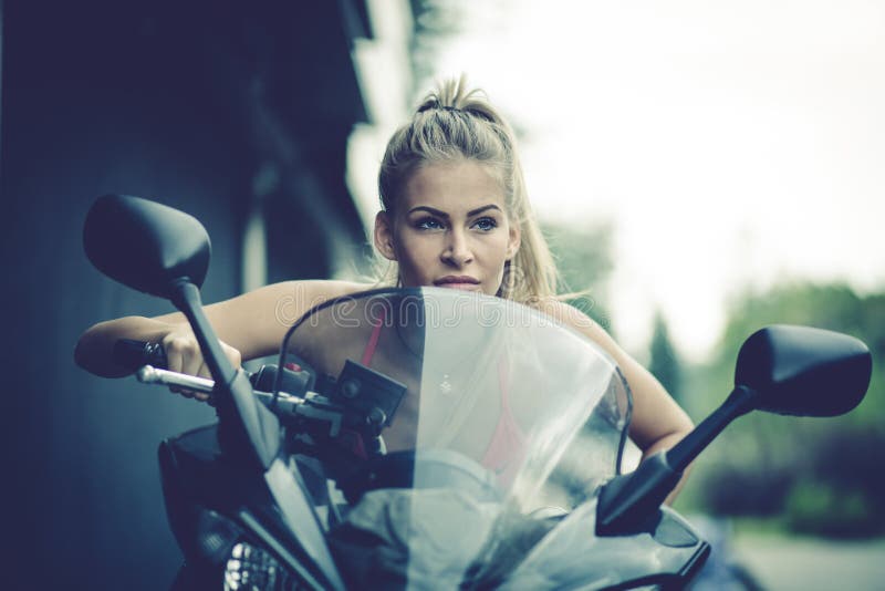 Young Blonde Women Ride A Motorcycle Stock Image Image Of