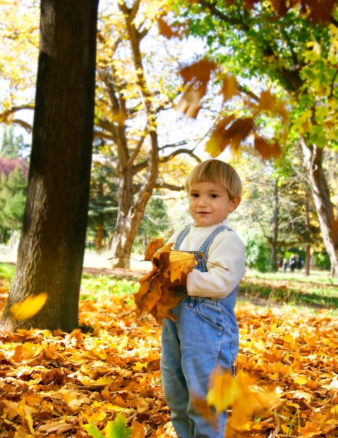 Young boy with autumn leaves