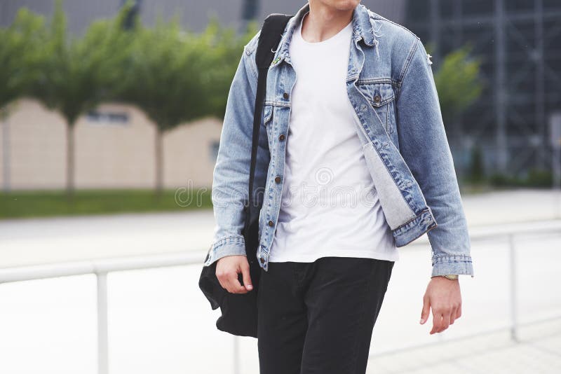 Young Boy in a Blue Denim Jacket on the Street. Stock Image - Image of ...